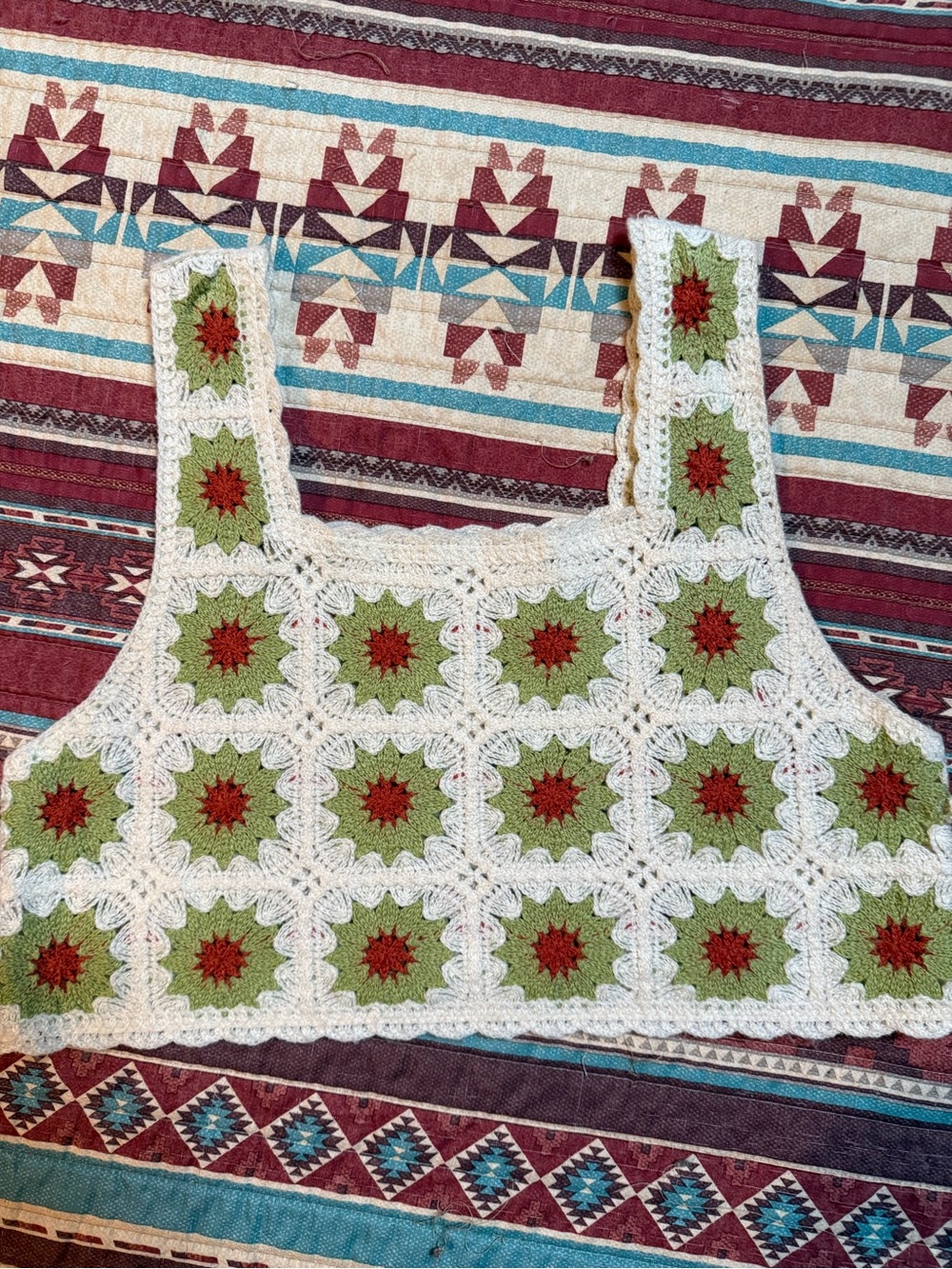 Handmade Crochet Green and Cream Square-Pattern Tank Top small - Picture 2 of 4